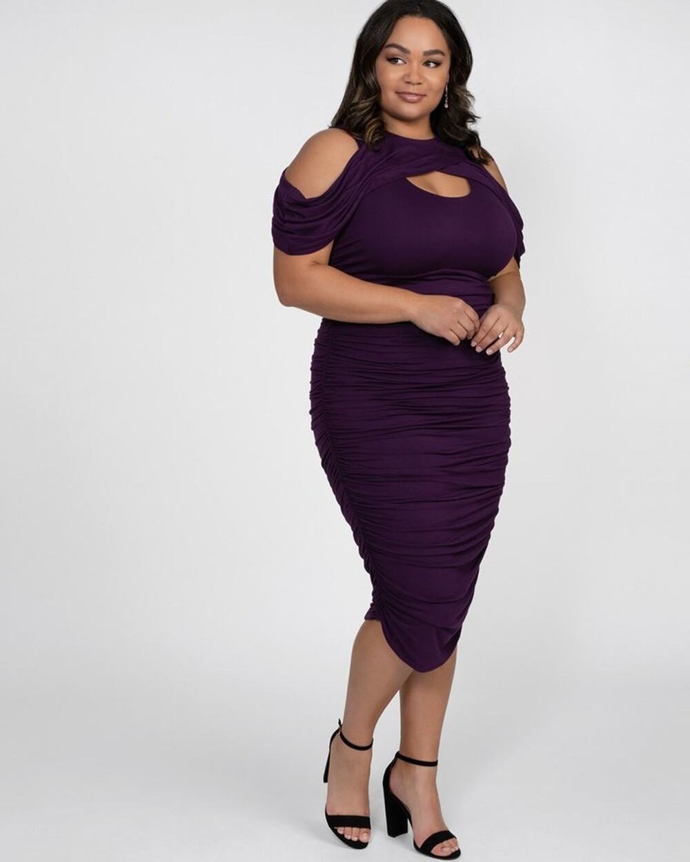Kiyonna Bianca Style Dress 2X Purple Ruched Bodycon Plus Size Sexy Party Date